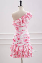 Pink One Shoulder Print Short Homecoming Dress