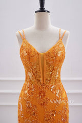 Marigold Double Spaghetti Straps Tight Short Formal Dress