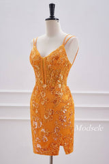 Double Straps Neon Orange Applique Bodycon Homecoming Dress