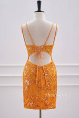 Marigold Double Spaghetti Straps Tight Short Formal Dress
