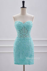Turquoise Applique Strapless Tight Homecoming Dress