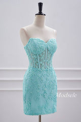 Strapless Aqua Green Applique Tight Homecoming Dress with Lace-up