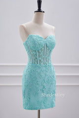 Turquoise Applique Strapless Tight Homecoming Dress