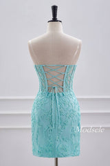 Strapless Aqua Green Applique Tight Homecoming Dress with Lace-up