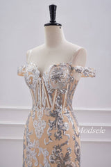 Champagne Off the Shoulder Sequin Boned Tight Homecoming Dress
