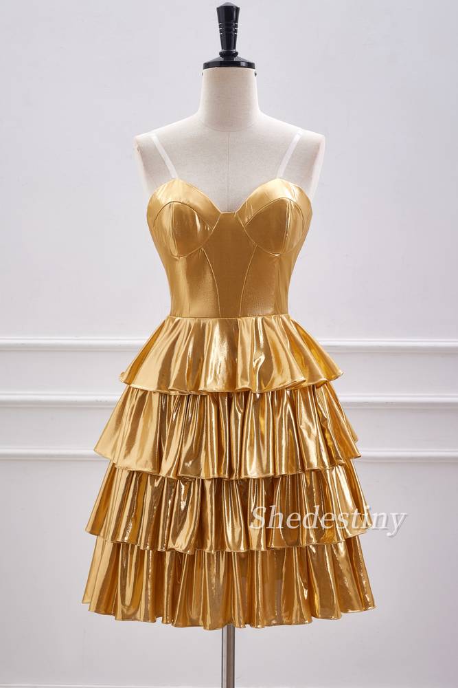 Gold Strapless A-Line Ruffle Metallic Homecoming Dress