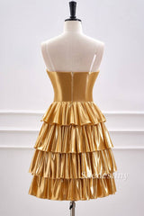 Gold Strapless A-Line Ruffle Metallic Homecoming Dress