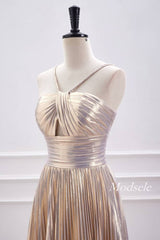 Champagne Metallic Spaghetti Strap Pleated A-Line Homecoming Dress