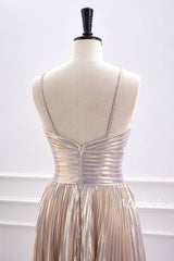 Champagne Metallic Spaghetti Strap Pleated A-Line Homecoming Dress