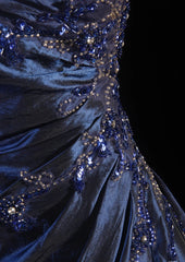 Vintage Ball Gown Strapless Navy Blue Satin Long Prom Dresses Party Dress SD1343