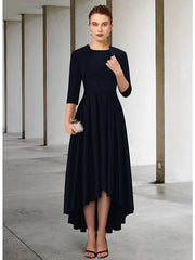 Mother of the Bride Dress Elegant Vintage Jewel Neck Asymmetrical Lace Charmeuse 3/4 Length Sleeve with Sash Ribbon Pleats