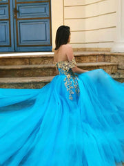 Aline Blue Lace Long Prom Dress, Blue Formal Graduation Dresses