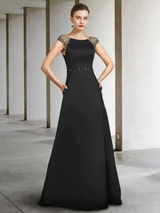 A-Line Mother of the Bride Dress Elegant Jewel Neck Floor Length Satin Sleeveless with Sash Ribbon