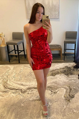 One-Shoulder Blue Fitted Mini Homecoming Dress SH786