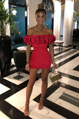 Red Satin Ruffle Off The Shoulder Mini Dress Homecoming Dress SH678