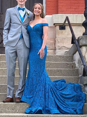 Off Shoulder Blue Mermaid Lace Long Evening Dresses，Formal Prom Dress SH639