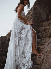 A-Line V-Neck Lace Backless Spaghetti Straps Lace Beach Wedding Dress
