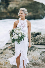Mermaid Illusion Neckline Split Sweep Train Wedding Dress Open Back Bridal Gown