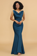 Ink blue fishtail collar long satin bridesmaid dress