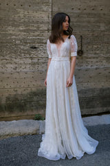 Ethereal Tulle Plunging Neck Half Sleeve Long Bridal Gown Wedding Dresses