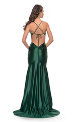 Mermaid V neckline thin shoulder strap tie and floor length evening dress
