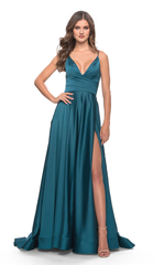 A-line V-neck thin shoulder strap with exposed back side slit and floor length evening dress