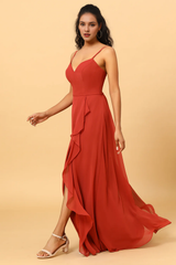 Red A Line Sweetheart Long Chiffon Ruffle Bridesmaid Dress