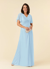 A-line V-neck pleated mesh and floor length mother of the bride dress