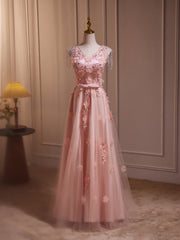 Delicate V-Neck Pink with Rhinestones Lace Appliques Prom Dress