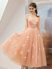 Pink tulle lace applique short prom dress, pink homecoming dress