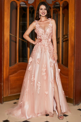 Pink A-line thin shoulder strap long decal slit evening dress