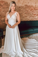 A Line Floral Lace Open Back Ivory Long Wedding Dresses