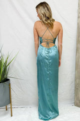 Jimiss scarf collar thin shoulder straps pleated long slit Prom dress