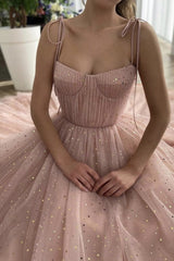 Pink Tulle A-Line Prom Dresses, Long Spaghetti Strap Evening Dresses