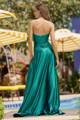 Strapless silk satin dress tight corset slit evening dress