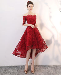 Burgundy lace high low prom dress, burgundy homecoming dress