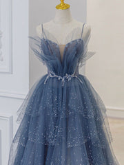 Gray blue tulle sequin long prom dress, gray blue tulle formal dress