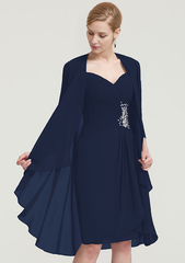 Scalloped Neck 34 Sleeve Knee-Length Chiffon Mother of the Bride Dress With Pleated Beading Appliqued