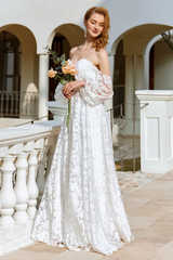 White organza off shoulder and floor length wedding dress