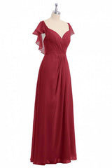 Wine Red Chiffon Backless gegolfde mouw Lange bruidsmeisjurk