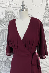 Wrap v nek mouwen chiffon lange bruidsmeisje jurk met vleugel