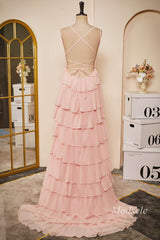 Pink Chiffon Lace-Up Ruffle Tiered Long Prom Dress