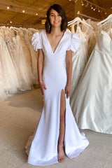Elegant White Plunge V Cutout Back Mermaid Long Formal Dress