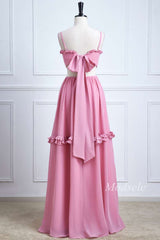 Pink Spaghetti Strap Bow-Back Ruffle Maxi Dress