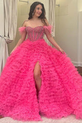 Hot Pink Beaded Feather Off-the-Shoulder Tiered Long Prom Dress with Ruffles