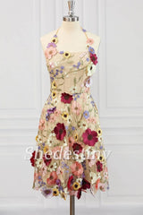 Champagne 3D Flower Print Halter A-Line Party Dress