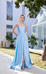 A-line low round neck satin fitted body and floor length evening dress
