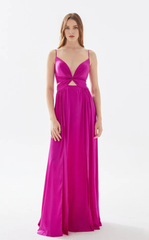 A-line deep V-neck thin shoulder strap and floor length evening dress