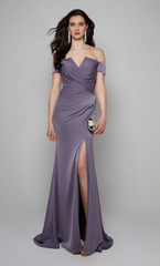 Off shoulder slim fit trumpet shaped side slit formal long mothers of the bride dresses