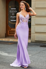 Light purple fish tail V-neck backless bead decal evening dress